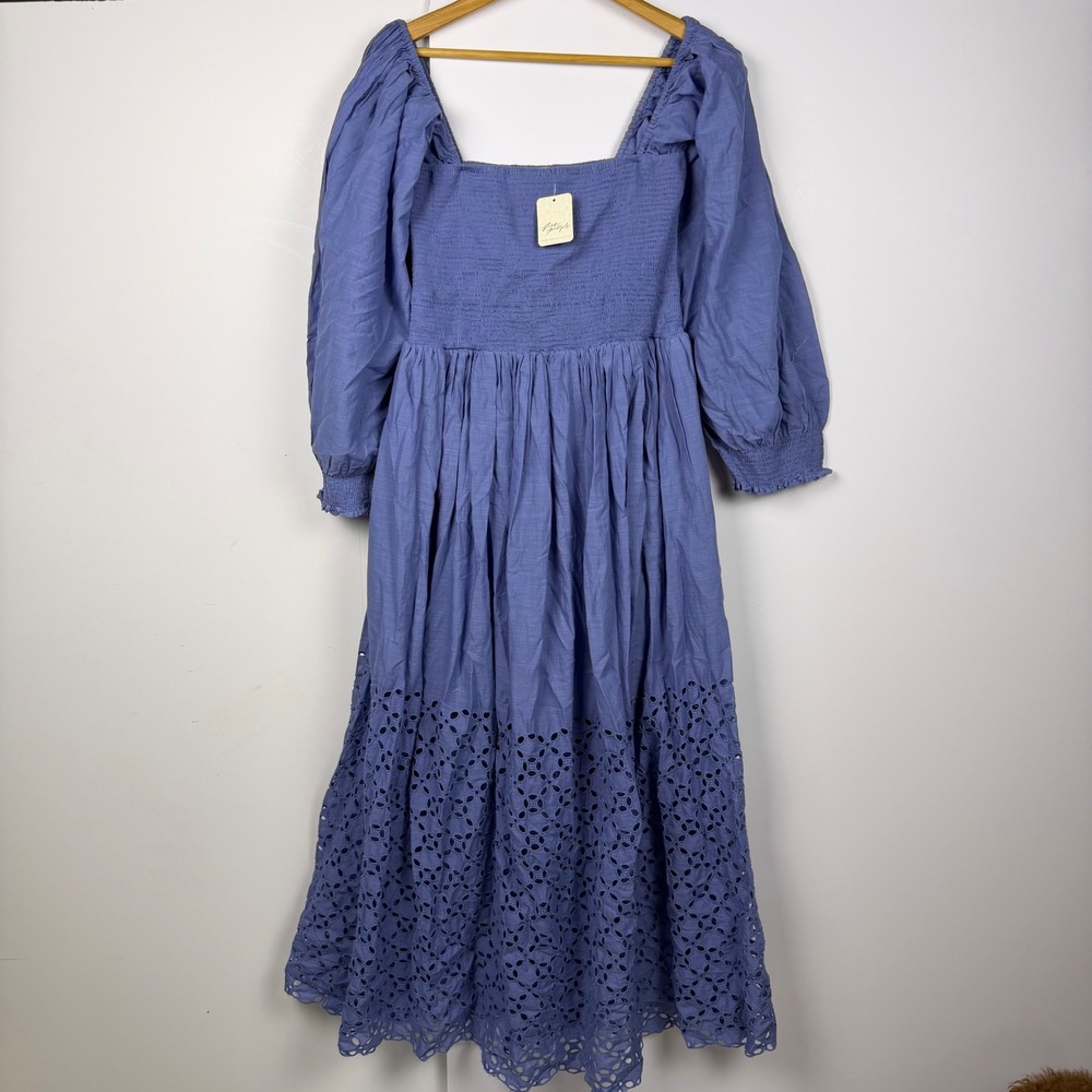 Free People Blue Smocked Eyelet Hem Puff Sleeve Midi Dress Square Neck Boho NWT